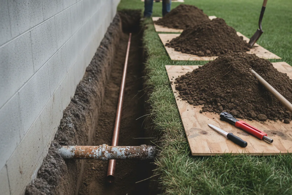 Excavated water line trench during Water Softener Installation in Hacksneck